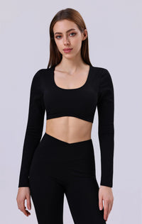 Black long sleeve crop top and high waist leggings activewear set for yoga and gym workouts