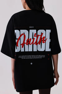 Black oversized graphic tee with 'Grace Faith' print and Bible verse, stylish activewear top