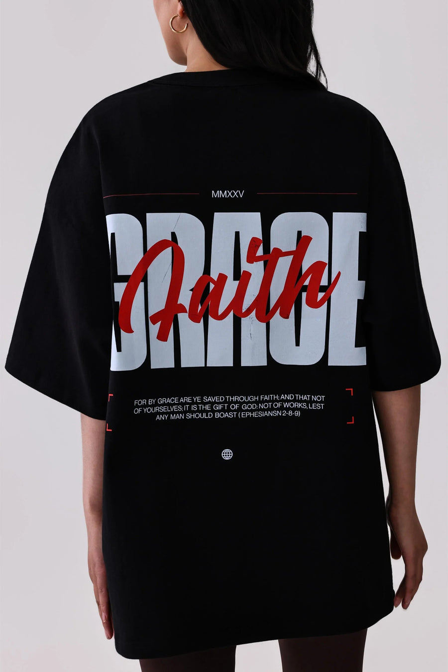 Black oversized graphic tee with 'Grace Faith' print and Bible verse, stylish activewear top